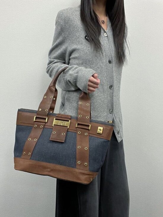 Dior Handbags - Dior Tote Brown Navy Denim Leather Vintage